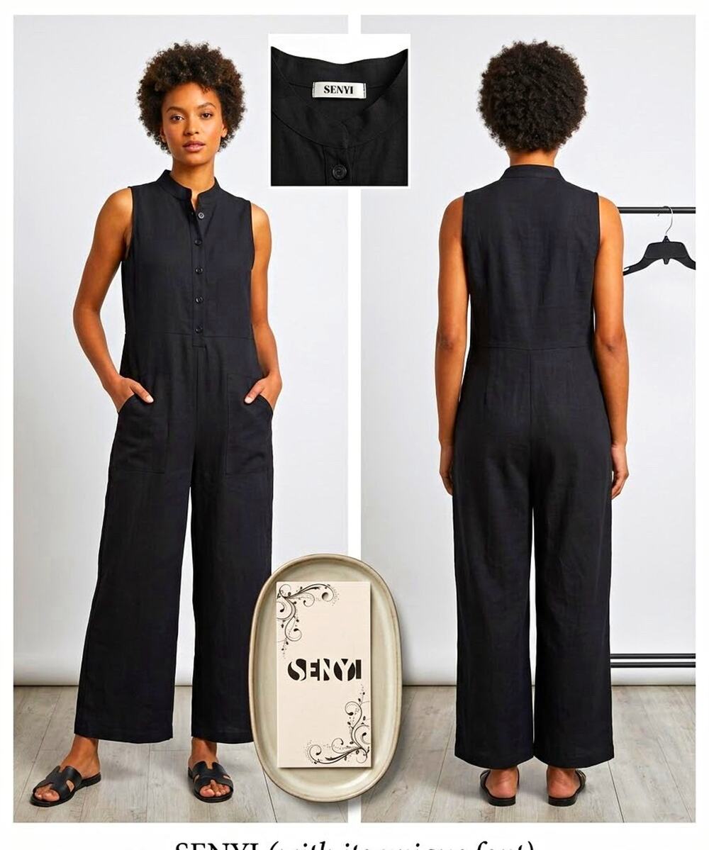 SENYI Women's Black Mandarin Collar Sleeveless Wide-Leg Jumpsuit Pockets M